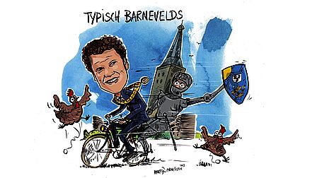 Illustratie van de burgemeester die langs Barneveldse ikonen fietst, kippen, kerk en Jan van Schaffelaar